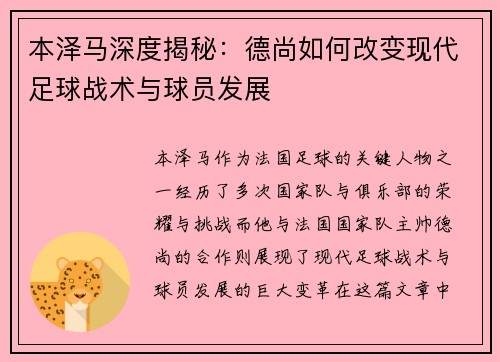 本泽马深度揭秘：德尚如何改变现代足球战术与球员发展