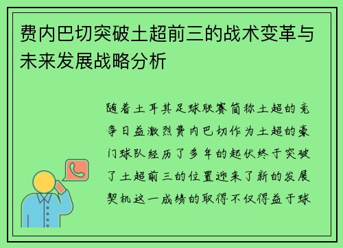 费内巴切突破土超前三的战术变革与未来发展战略分析
